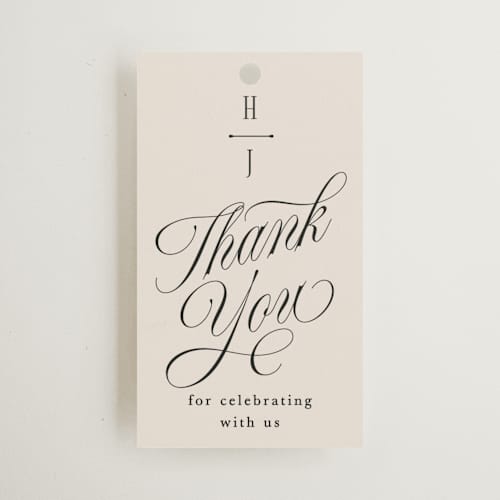 This is a linen wedding favor tags with standard by Kate Ahn called mirin printing on signature in tag