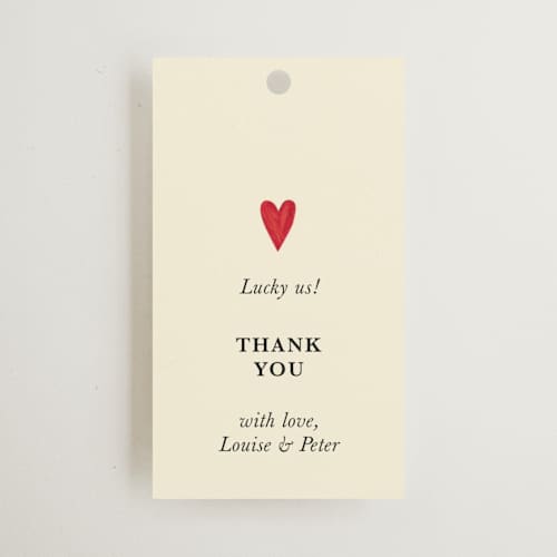 This is a champagne wedding favor tags with standard by Helena Vitto called red hearts printing on signature in tag