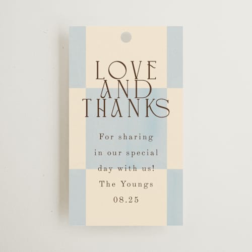 This is a ivory wedding favor tags with standard by Baumbirdy called checker wash printing on signature in tag