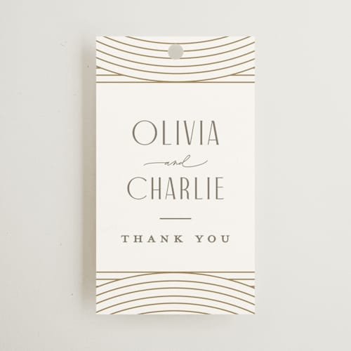 This is a alabaster wedding favor tags with standard by Pixel and Hank called moderne printing on signature in tag