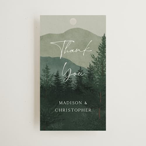 This is a jade wedding favor tags with standard by Elly called the forest printing on signature in tag