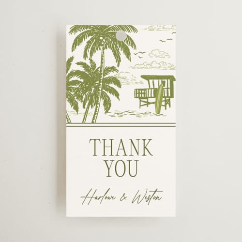 This is a palm wedding favor tags with standard by Jenna Holcomb called west coast toile printing on signature in tag