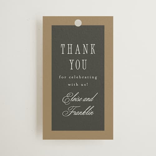This is a graphite wedding favor tags with standard by Everett Paper Goods called hillside printing on signature in tag