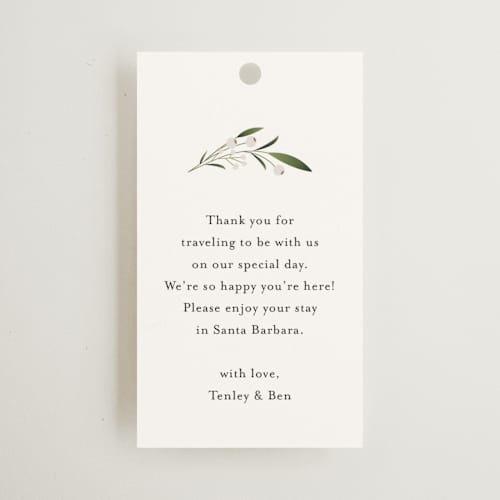 This is a cotton wedding favor tags with standard by Jennifer Postorino called gentle whisper printing on signature in tag