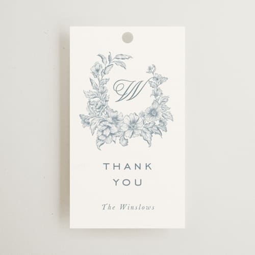 This is a lake wedding favor tags with standard by Leah Bisch called wreath in bloom printing on signature in tag