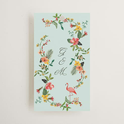 This is a papaya wedding favor tags with standard by Susan Moyal called tropical crest printing on signature in tag