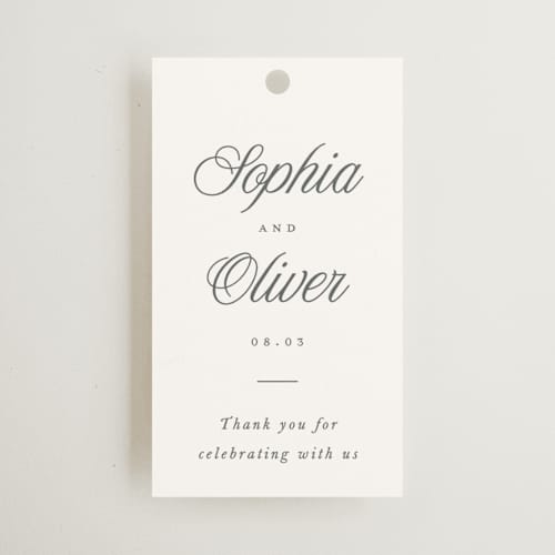 This is a graphite wedding favor tags with standard by Leah Bisch called beautiful day printing on signature in tag