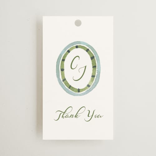 This is a celeste wedding favor tags with standard by Pati Cascino called alento printing on signature in tag