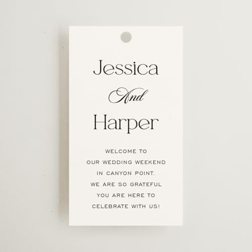 This is a obsidian wedding favor tags with standard by Jennifer Postorino called modern romance printing on signature in tag