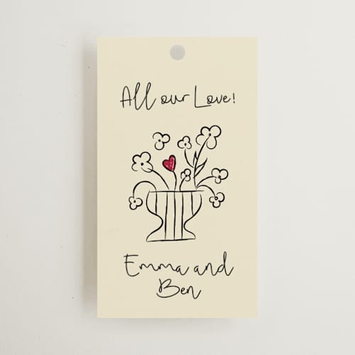 This is a champagne wedding favor tags with standard by Helena Vitto called modern love printing on signature in tag
