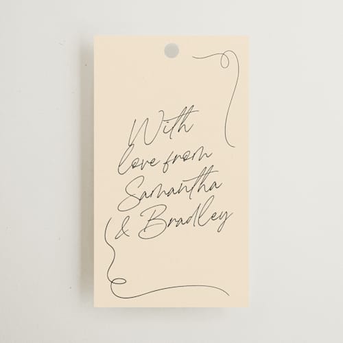 This is a champagne wedding favor tags with standard by Wallace Design Co. called french whimsy script printing on signature in tag