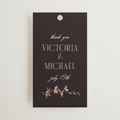 This is a merlota wedding favor tags with standard by Susan Moyal called romantics printing on signature in tag