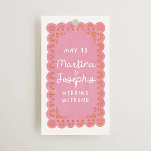 This is a carnation wedding favor tags with standard by Itsy Belle Studio called vienes printing on signature in tag