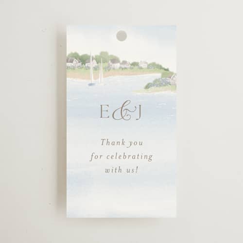 This is a aqua wedding favor tags with standard by Jennifer Wick called bristol printing on signature in tag