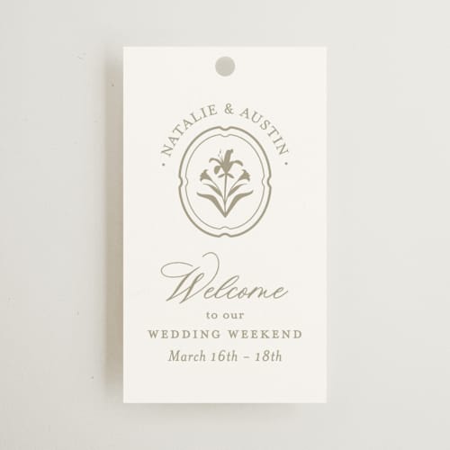 This is a paris rain wedding favor tags with standard by Jennifer Postorino called calia printing on signature in tag