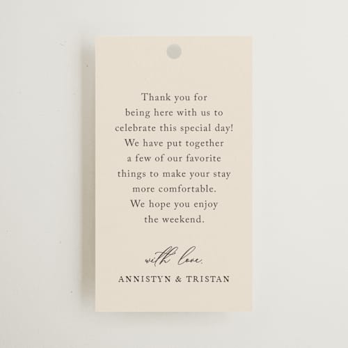 This is a mocha wedding favor tags with standard by Jennifer Postorino called love story printing on signature in tag