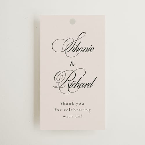 This is a ivory wedding favor tags with standard by Melanie Kosuge called sibonie printing on signature in tag