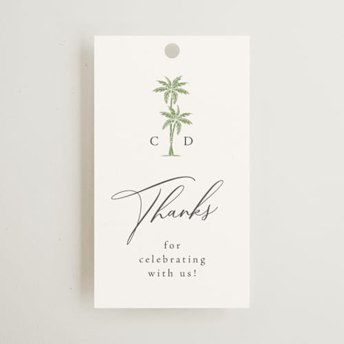 This is a leaf wedding favor tags with standard by Olivia Raufman called palm monogram printing on signature in tag