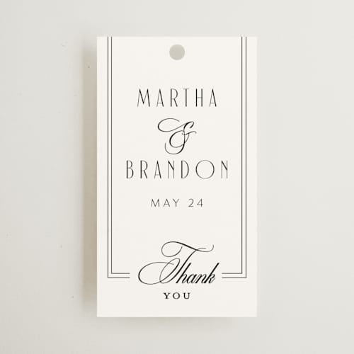 This is a tuxedo wedding favor tags with standard by Nicoletta Savod called black tie elegance printing on signature in tag