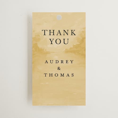 This is a sunrise wedding favor tags with standard by Lindsay Megahed called silhouette printing on signature in tag