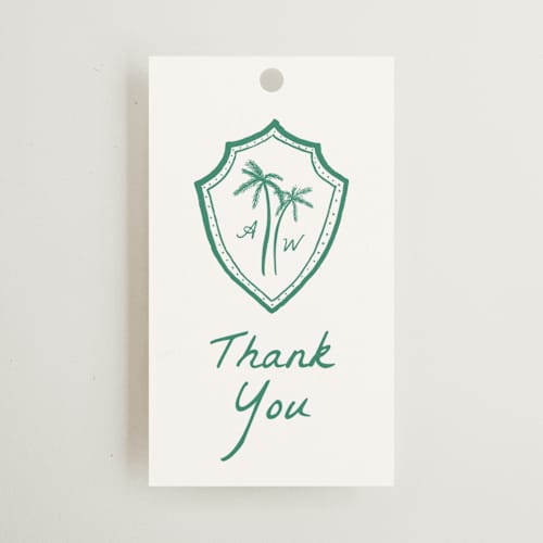 This is a palm wedding favor tags with standard by Erika Firm called palm tree crest printing on signature in tag