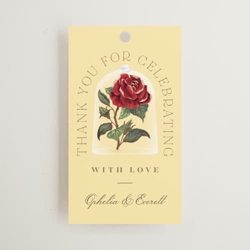 This is a mimosa wedding favor tags with standard by Leah Bisch called enchanted rose from disney's beauty & the beast printing on signature in tag