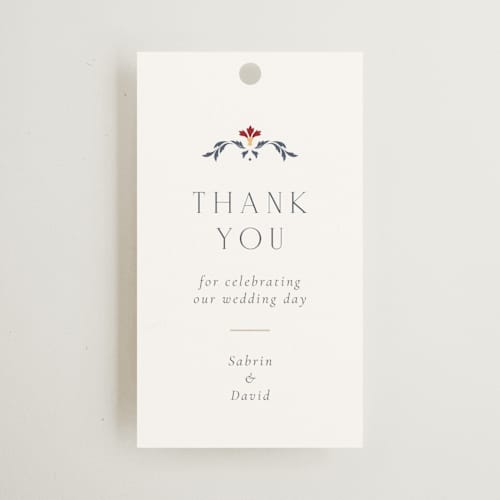This is a scarlet wedding favor tags with standard by Sabrin Deirani called islamic arch printing on signature in tag