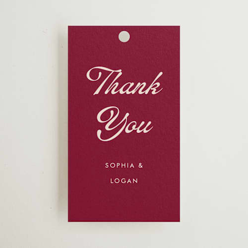 This is a garnet wedding favor tags with standard by Morgan Kendall called victorian chic printing on signature in tag