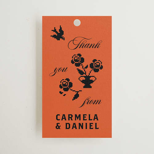 This is a amaro wedding favor tags with standard by Studio Suku called bold and demure printing on signature in tag