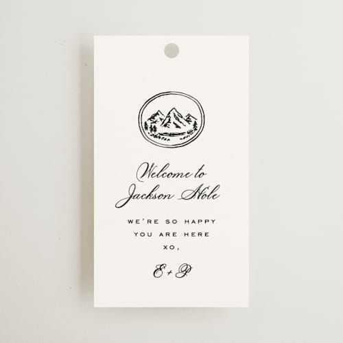 This is a cotton wedding favor tags with standard by Amy Kross called aspen knoll printing on signature in tag
