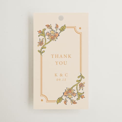 This is a ochre wedding favor tags with standard by Hannah Bowman called marigold printing on signature in tag