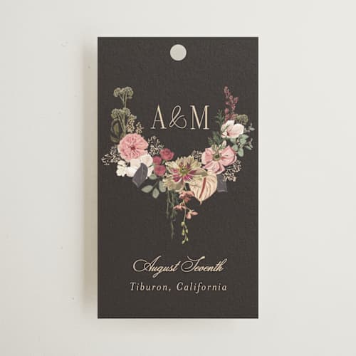 This is a blush wedding favor tags with standard by Susan Moyal called flouriishing printing on signature in tag