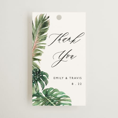 This is a tropical wedding favor tags with standard by Elly called our paradise printing on signature in tag