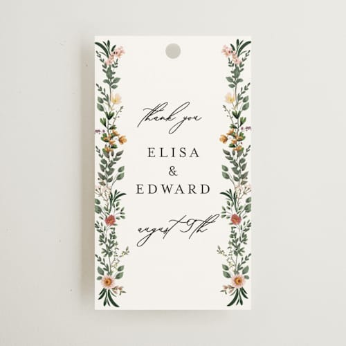 This is a blush wedding favor tags with standard by Susan Moyal called blooming vine printing on signature in tag