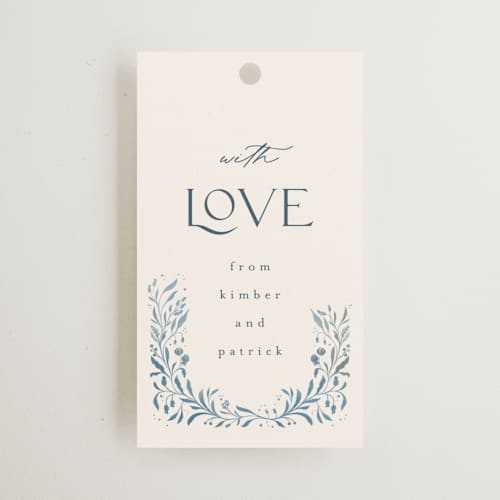 This is a delft blue wedding favor tags with standard by Ashley DeMeyere called porcelain printing on signature in tag