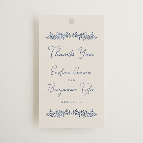 This is a navy wedding favor tags with standard by Petra Kern called pavilion printing on signature in tag