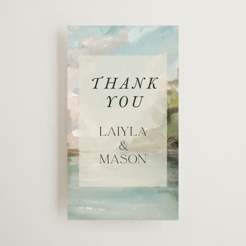 This is a lake wedding favor tags with standard by Lindsay Megahed called reflections printing on signature in tag