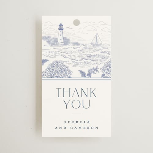 This is a periwinkle wedding favor tags with standard by Jenna Holcomb called coastal toile printing on signature in tag
