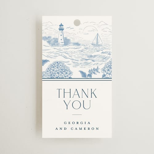 This is a sea wedding favor tags with standard by Jenna Holcomb called coastal toile printing on signature in tag