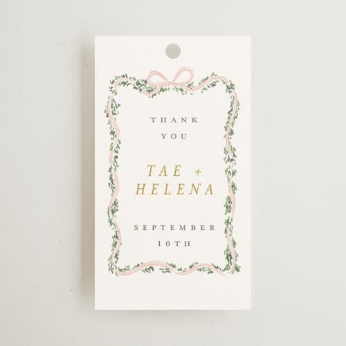 This is a blush wedding favor tags with standard by Itsy Belle Studio called ribbonly frame printing on signature in tag