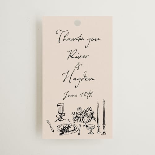 This is a black dahlia wedding favor tags with standard by Cass Loh called tablescape drawing printing on signature in tag
