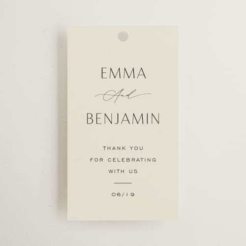 This is a porcelain wedding favor tags with standard by Jennifer Postorino called glide printing on signature in tag