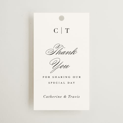 This is a snow wedding favor tags with standard by Brandy Folse called classically elegant printing on signature in tag