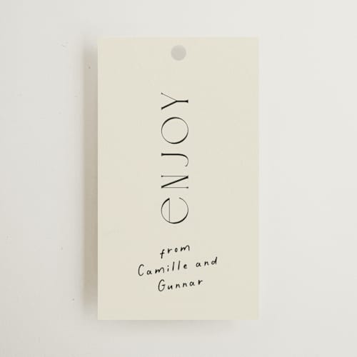 This is a onyx wedding favor tags with standard by Alaina Cherup called la graine printing on signature in tag