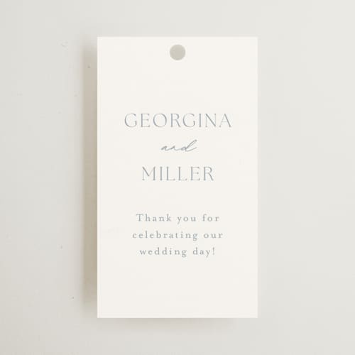 This is a dusty blue wedding favor tags with standard by Stacey Meacham called modern air printing on signature in tag