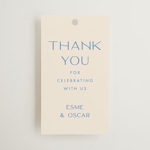 This is a cerulean wedding favor tags with standard by Ellen Schlegelmilch called brooklyn printing on signature in tag