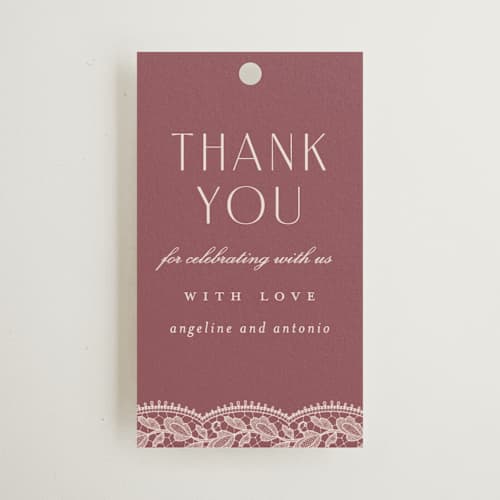 This is a mauve wedding favor tags with standard by Erica Krystek called chantilly printing on signature in tag