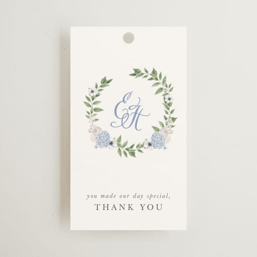 This is a periwinkle wedding favor tags with standard by Design Lotus called sweethearts printing on signature in tag