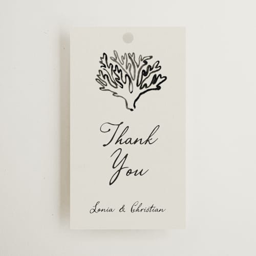 This is a rock wedding favor tags with standard by Pati Cascino called puglia printing on signature in tag