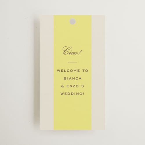 This is a limone wedding favor tags with standard by Megan Davis called campania printing on signature in tag